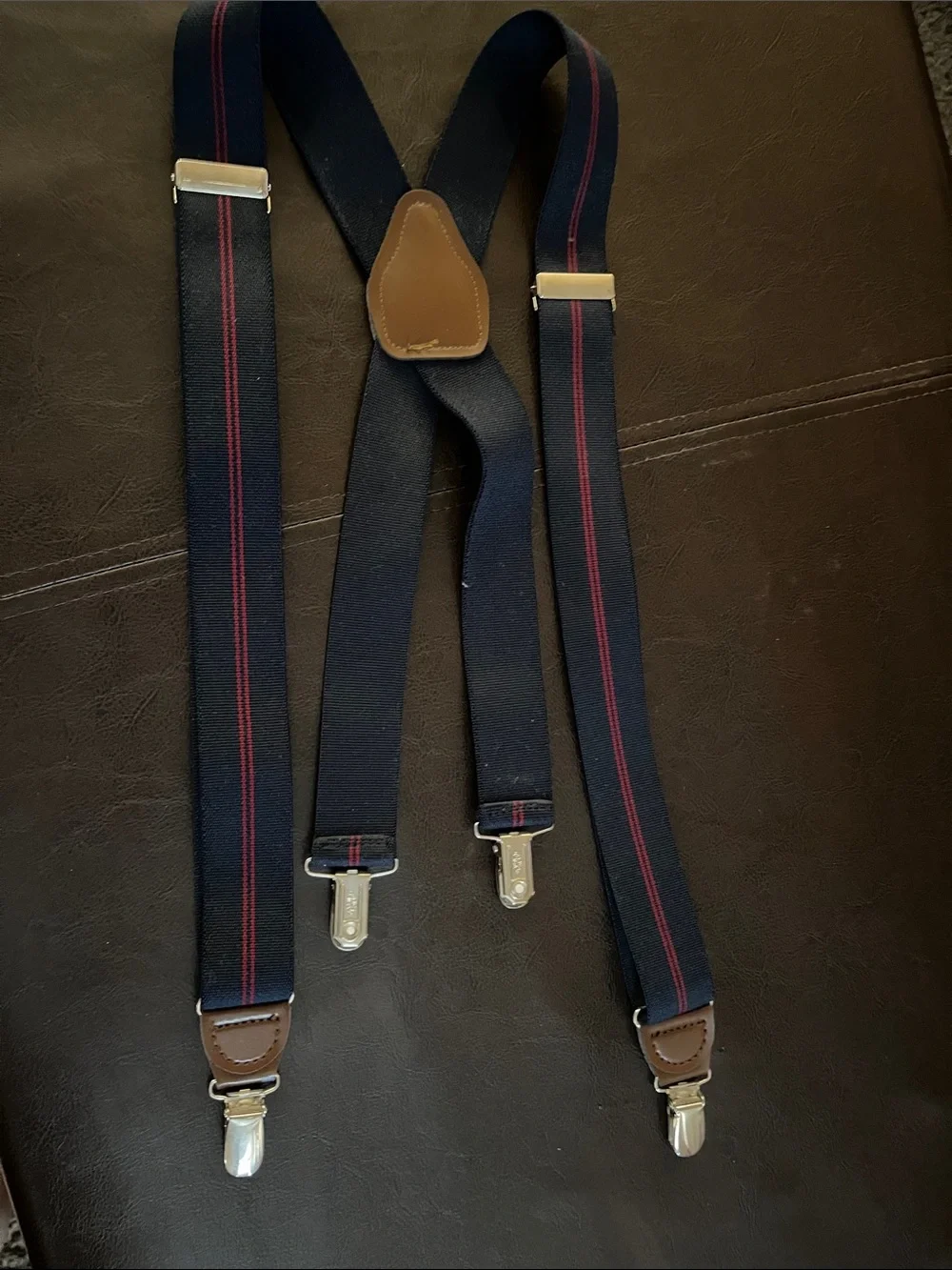 Men's Navy Suspenders with Red Stripe and Brown  Trim